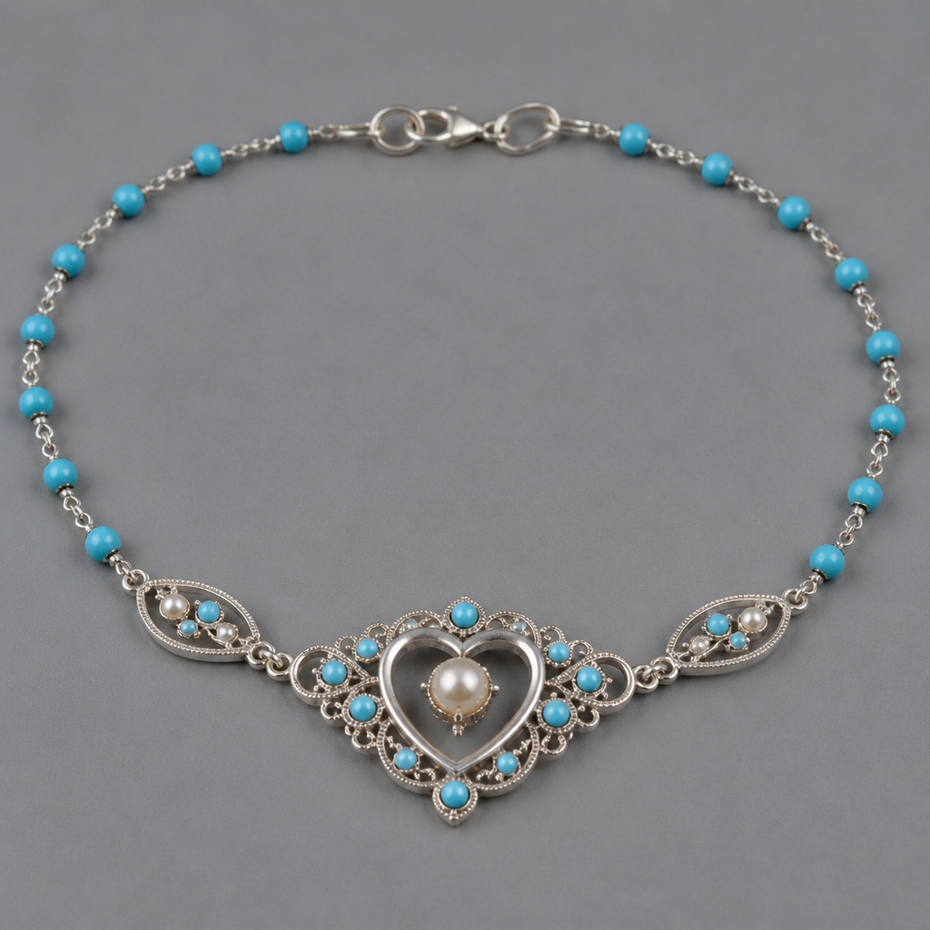 A edwardian women's necklace made of silver with pearl and turquoise stones. uma joia linda nova feita bolinhas de turquesa que seja prateada e que seja um a pulseira com um coração no meio
photorealistic jewelry design, A edwardian women's necklace made of silver with pearl and turquoise stones. uma joia linda nova feita bolinhas de turquesa que seja prateada e que seja um a pulseira com um coração no meio, edwardian style, just the design no text