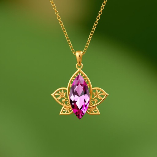 A everyday wear but delicate small gold necklace with a pink pendant color gemstone in a marquise cut. All the details are delicate and they rappresent the petals of the flower lotus.