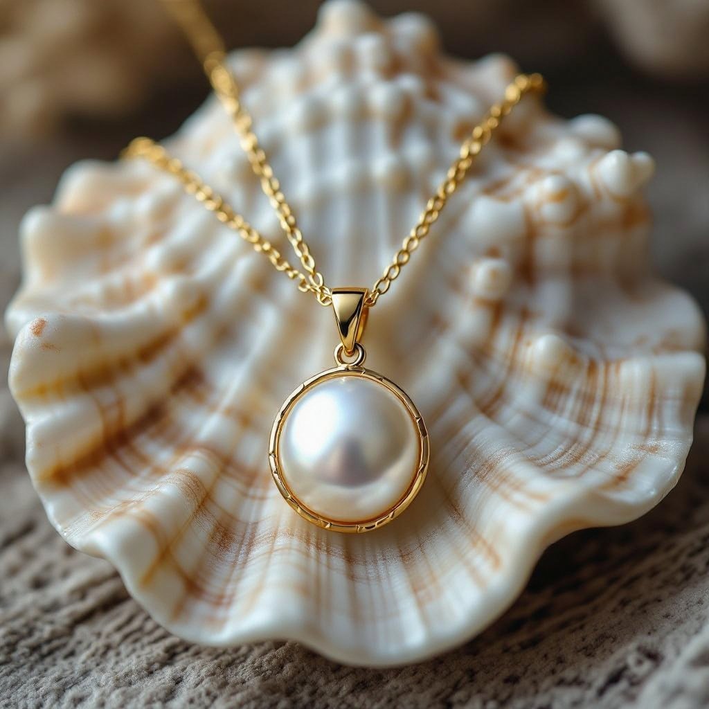 Украшение на шею золотая цепочка с подвеской в виде ракушки с жемчугом внутри