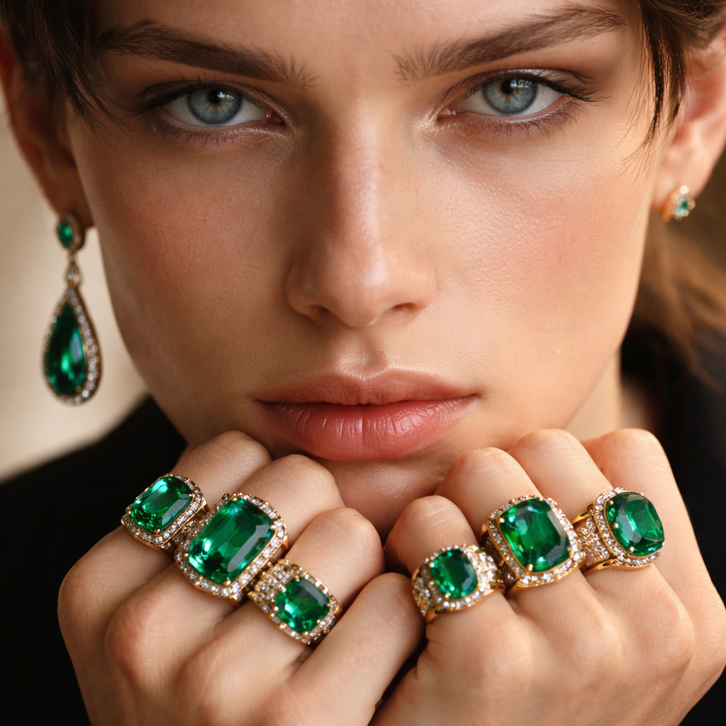 "Ultra close-up high-end editorial beauty photo of an androgynous young model with blue-grey eyes, face filling the frame, chin resting on both fists near the lips, intense calm gaze into camera. Replace all jewelry with luxurious emerald jewelry: one elegant emerald drop earring in a fine gold setting and multiple emerald rings (emerald gemstones set in gold) on the fingers, clearly visible near the mouth. Soft natural daylight from the side, gentle highlights on cheekbones, warm neutral background, shallow depth of field, tack-sharp focus on eyes and emeralds, subtle film grain. realistic skin detail with natural imperfections, pores and fine texture preserved, no plastic skin, premium fashion editorial retouch, 8k detail, photorealistic."