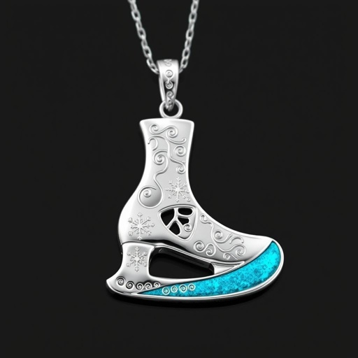Silver pendant in the shape of ice skating blades with a turquoise stripe within the blade