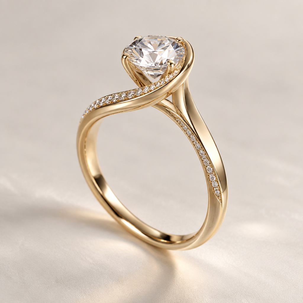 A solitaire women's ring made of gold with diamond stones suitable for engagement. voglio qualcosa di particolare, dalle curve lineari e che dia un senso di continuità
photorealistic jewelry design, A solitaire women's ring made of gold with diamond stones suitable for engagement. voglio qualcosa di particolare, dalle curve lineari e che dia un senso di continuità, solitaire style, just the design no text