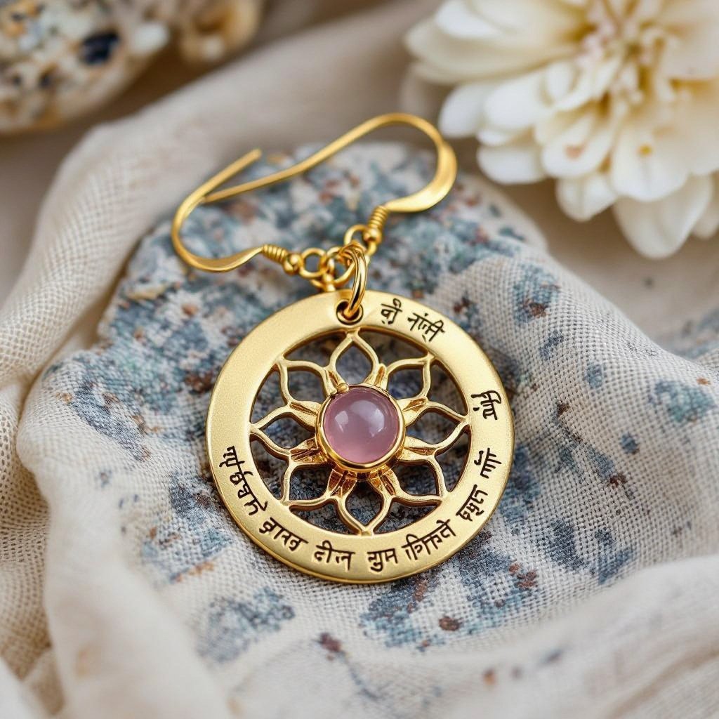 Gold-colored matte ring earrings. The diameter is 1 cm. Pendant in the form of a flat lotus with 6 petals. In the center of the lotus is a rose quartz stone. There are mantras in Sanskrit in small print on the petals.
