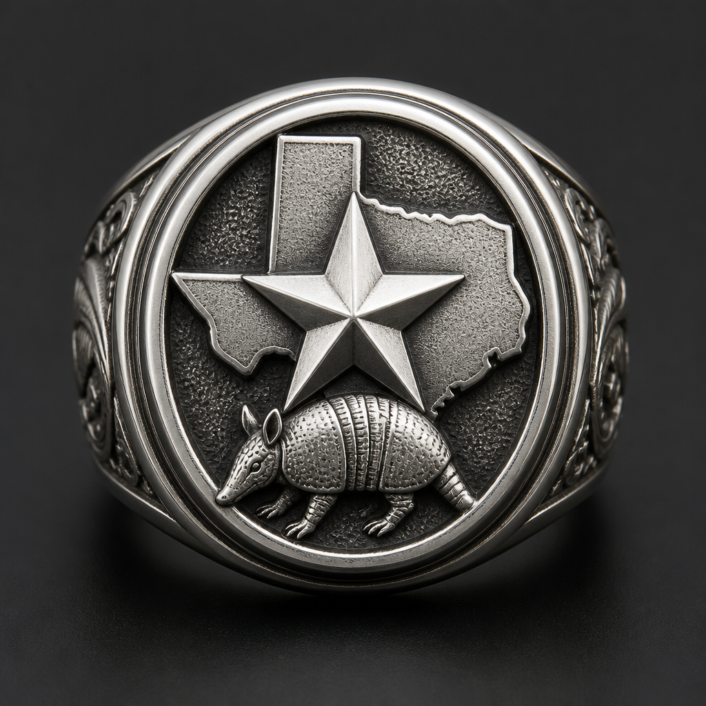 Ring of Texas lone star with map and armadillo
photorealistic jewelry design, Ring of Texas lone star with map and armadillo , just the design no text