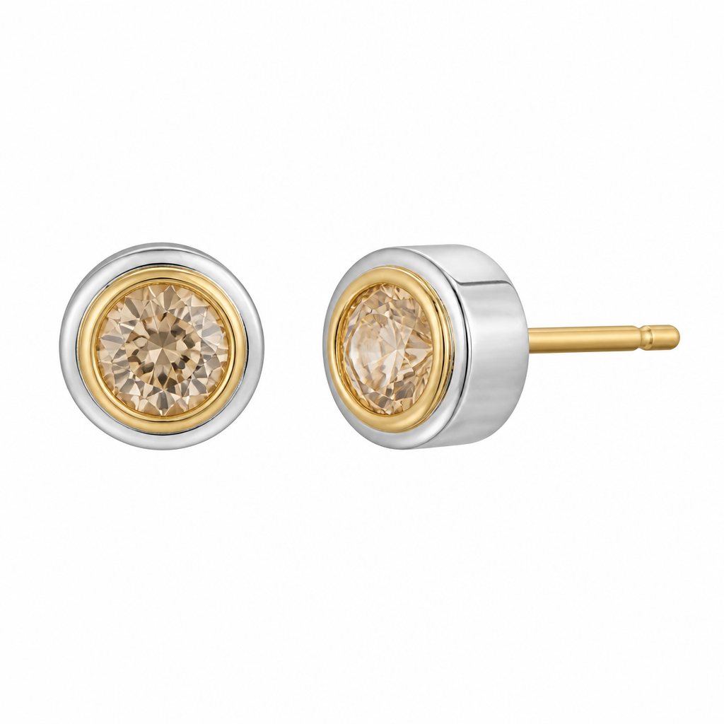 Earrings combination of white and yellow gold, posts, center stone 3.2 champagne diamonds, bezel edge, diameter 6 mm
photorealistic jewelry design, Earrings combination of white and yellow gold, posts, center stone 3.2 champagne diamonds, bezel edge, diameter 6 mm, just the design no text