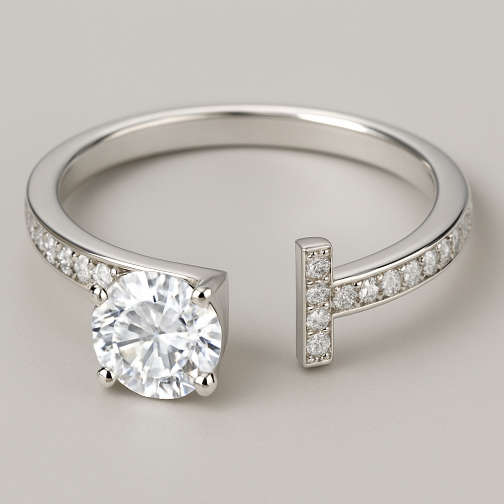 Disconnected pave t bar ring with 1 carat diamond on one side