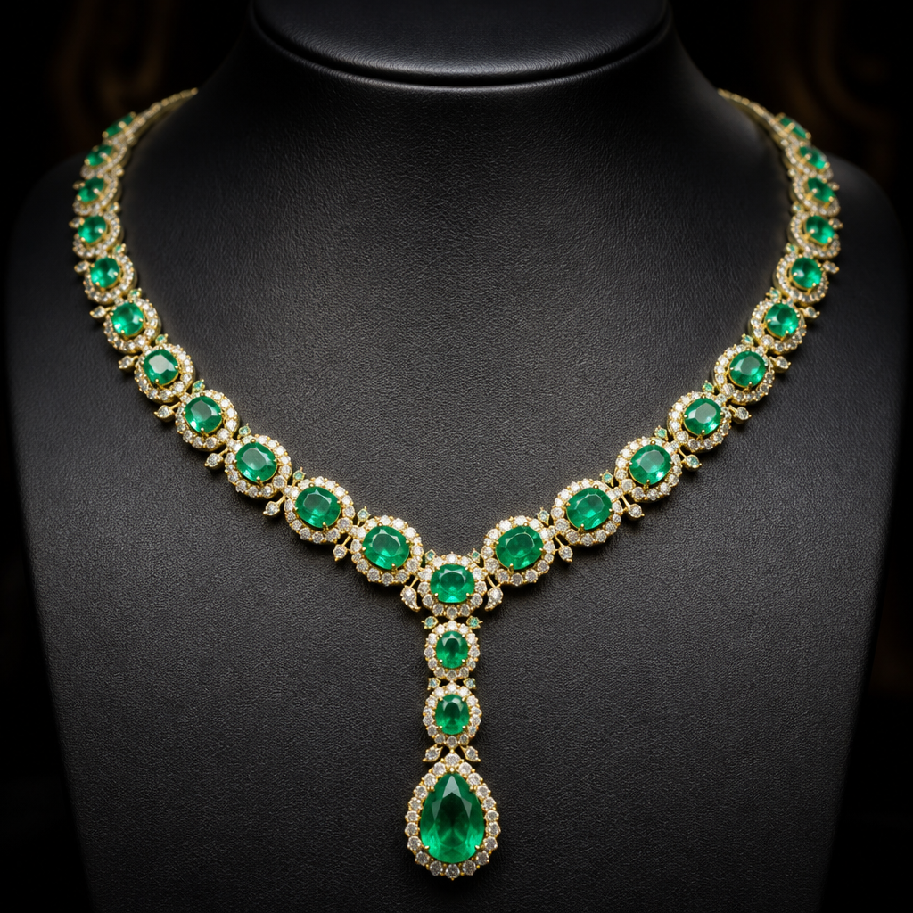 A vintage women's necklace made of silver with emerald stones. Design a luxurious high-end necklace using the exact gemstone layout shown in the reference image. The necklace features approximately 35–40 graduated round and oval vivid emerald-green gemstones arranged in a graceful V-shaped collar, with a single vertical center drop ending in a larger pear-shaped emerald. Preserve the gemstone arrangement and proportions. Create the setting in sterling silver (925) with a rich yellow rhodium plating to give the appearance of yellow gold while maintaining a contemporary luxury finish. Use elegant four-prong and bezel settings where appropriate. Surround each emerald with a fine halo of white moissanite or premium cubic zirconia for added brilliance. The necklace should have a refined Italian-inspired design with flowing curves, delicate gallery work, and a premium handcrafted finish. Include a matching hidden clasp and a polished yellow rhodium chain. Display the necklace on a black luxury jewelry bust with realistic studio lighting, ultra-high resolution, photorealistic, luxury catalog quality, front view, 8K render.
photorealistic jewelry design, A vintage women's necklace made of silver with emerald stones. Design a luxurious high-end necklace using the exact gemstone layout shown in the reference image. The necklace features approximately 35–40 graduated round and oval vivid emerald-green gemstones arranged in a graceful V-shaped collar, with a single vertical center drop ending in a larger pear-shaped emerald. Preserve the gemstone arrangement and proportions. Create the setting in sterling silver (925) with a rich yellow rhodium plating to give the appearance of yellow gold while maintaining a contemporary luxury finish. Use elegant four-prong and bezel settings where appropriate. Surround each emerald with a fine halo of white moissanite or premium cubic zirconia for added brilliance. The necklace should have a refined Italian-inspired design with flowing curves, delicate gallery work, and a premium handcrafted finish. Include a matching hidden clasp and a polished yellow rhodium chain. Display the necklace on a black luxury jewelry bust with realistic studio lighting, ultra-high resolution, photorealistic, luxury catalog quality, front view, 8K render., vintage style, just the design no text