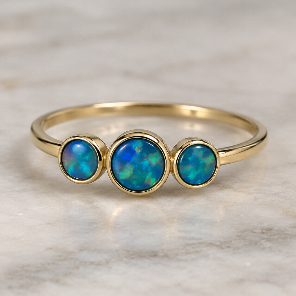 Thin gold band with three blue green round opals in a bezel settings
photorealistic jewelry design, Thin gold band with three blue green round opals in a bezel settings , just the design no text