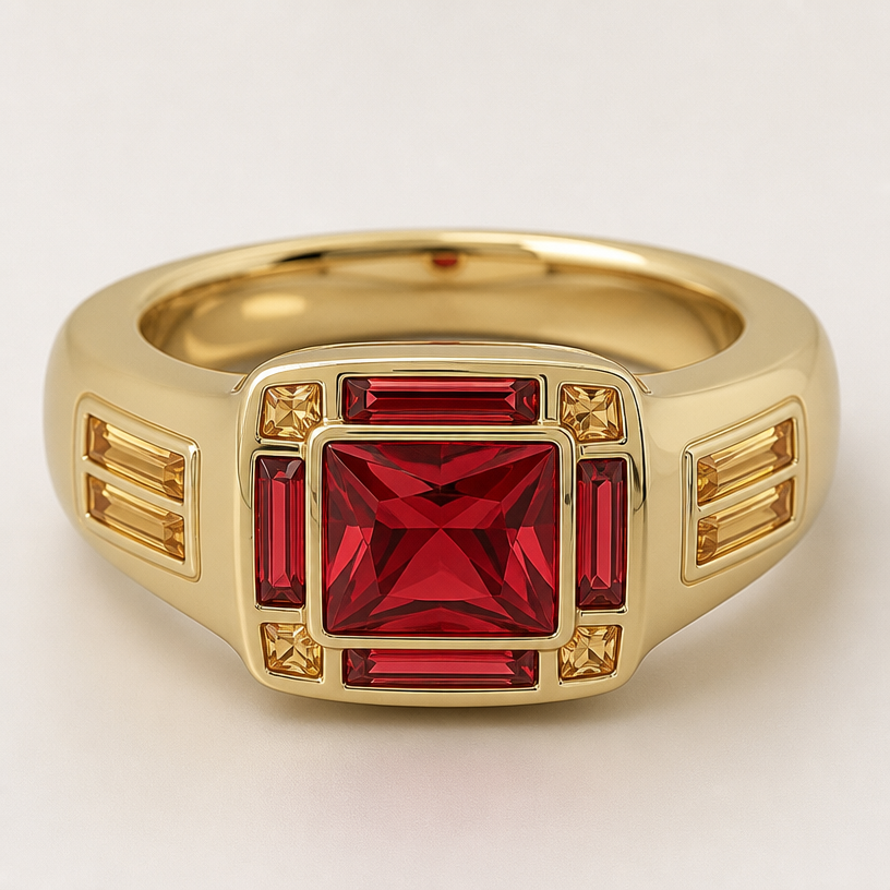 A women's ring, minimalist, simple and delicate, clean lines. red middle stone is large princess/square cut the red stones along the outer are emerald/ rectangular cut and are thinner and smaller than the middle. the for smaller stones are very small square cut citrine and the stones on the band are 3 baguette cut citrine also.the band is thick and give a retro/vintage look
using the attached image as a visual reference, create A women's ring, minimalist, simple and delicate, clean lines. red middle stone is large princess/square cut the red stones along the outer are emerald/ rectangular cut and are thinner and smaller than the middle. the for smaller stones are very small square cut citrine and the stones on the band are 3 baguette cut citrine also.the band is thick and give a retro/vintage look. photorealistic, just the design no text