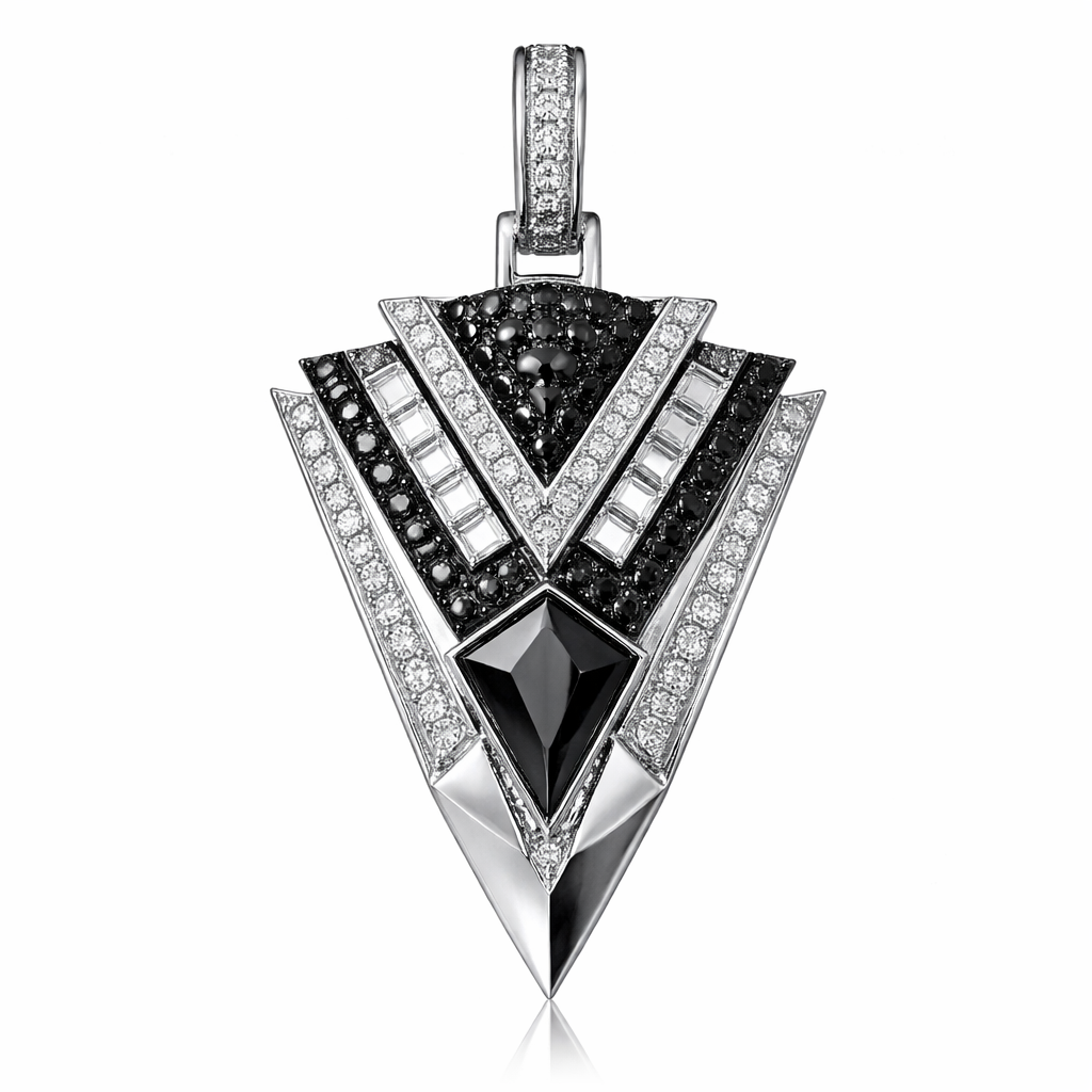 Create a geometric and edgy shapes of pendant for men of white and black diamonds of white background