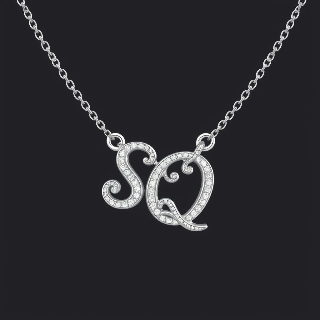 silver necklace with the pendant in letter letters SQ with white  stones. Make it cute and simple 