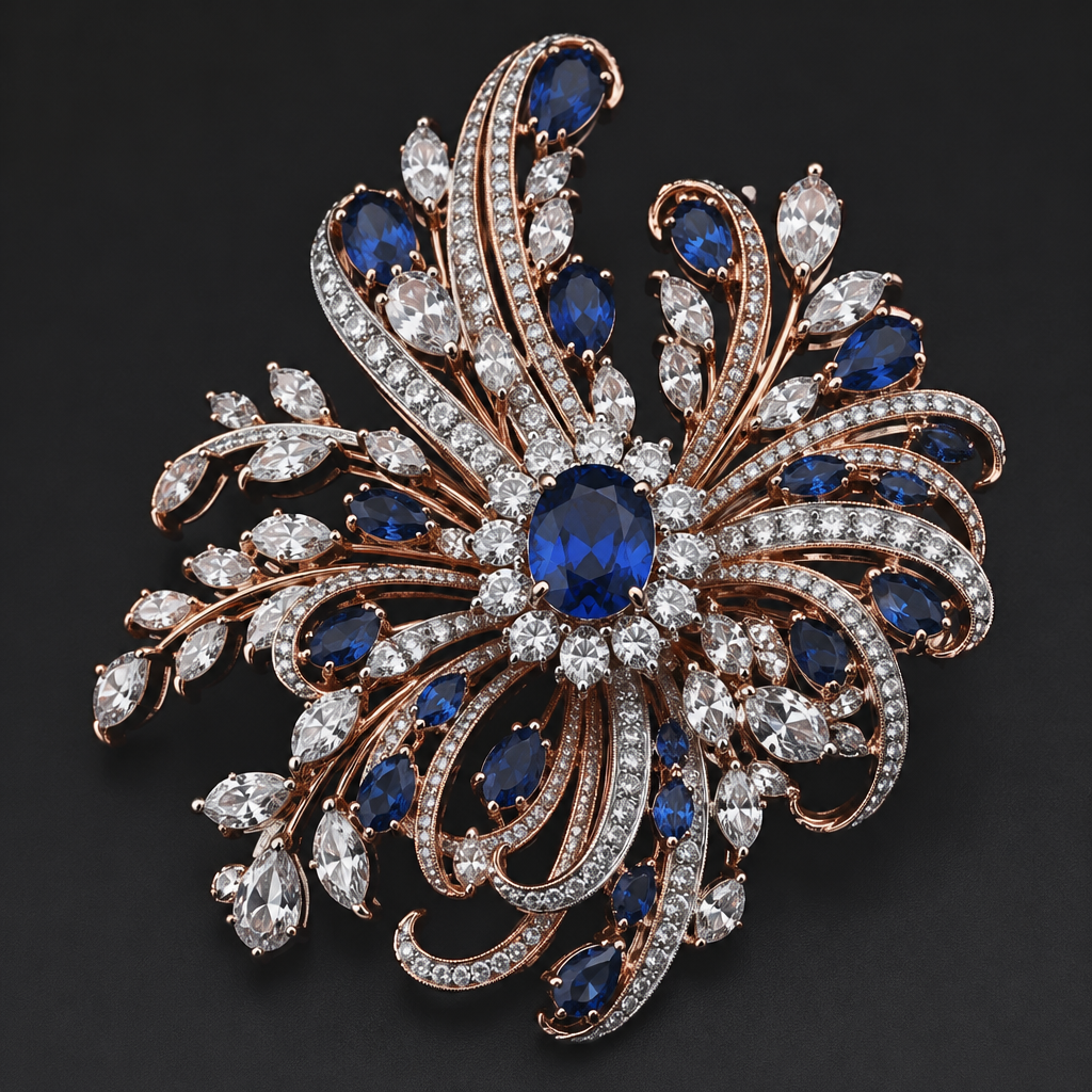 A luxury women's brooch made of white gold with sapphire and diamond stones suitable for formal. a 18 karat rose gold and 5 karat of diamonds
photorealistic jewelry design, A luxury women's brooch made of white gold with sapphire and diamond stones suitable for formal. a 18 karat rose gold and 5 karat of diamonds, luxury style, just the design no text