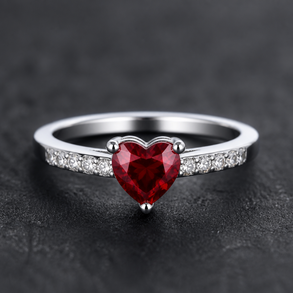 A modern women's ring. Роскошное кольцо из серебра, в середине бриллиант среднего размера в форме сердца красного цвета, а справа и слева в середине по 6 штук маленьких белых бриллиантов.
photorealistic jewelry design, A modern women's ring. Роскошное кольцо из серебра, в середине бриллиант среднего размера в форме сердца красного цвета, а справа и слева в середине по 6 штук маленьких белых бриллиантов., modern style, just the design no text