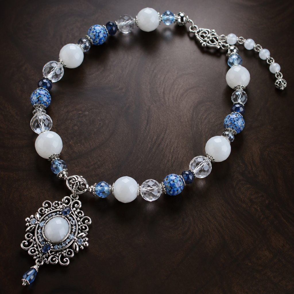 White faceted jade beads 12mm, clear faceted crystal quartz 10mm, sapphire rough cut round beads 6mm, millefiori blue with light blue flowers 8mm, light faintly blue faceted crystals 6mm, silver findings
photorealistic jewelry design, White faceted jade beads 12mm, clear faceted crystal quartz 10mm, sapphire rough cut round beads 6mm, millefiori blue with light blue flowers 8mm, light faintly blue faceted crystals 6mm, silver findings
, victorian style, just the design no text