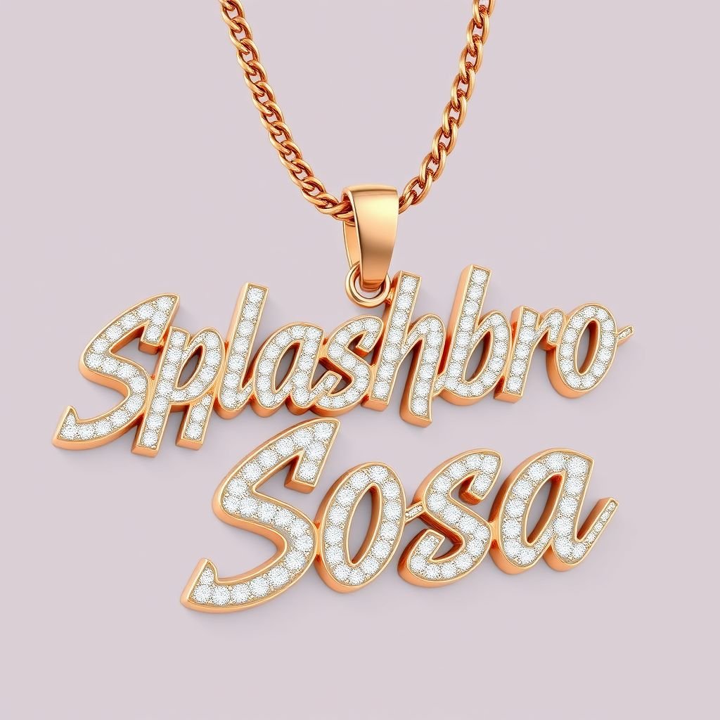 Create a big chain that say Splashbro Sosa, with rose gold vvs diamonds, double layer gold plate