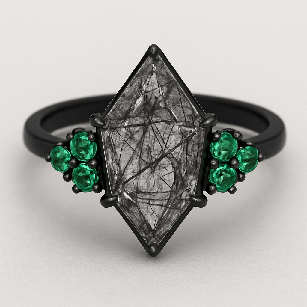 Black band, kite cut tourmalated quartz, emerald accent stones 3 on each side in a cluster 