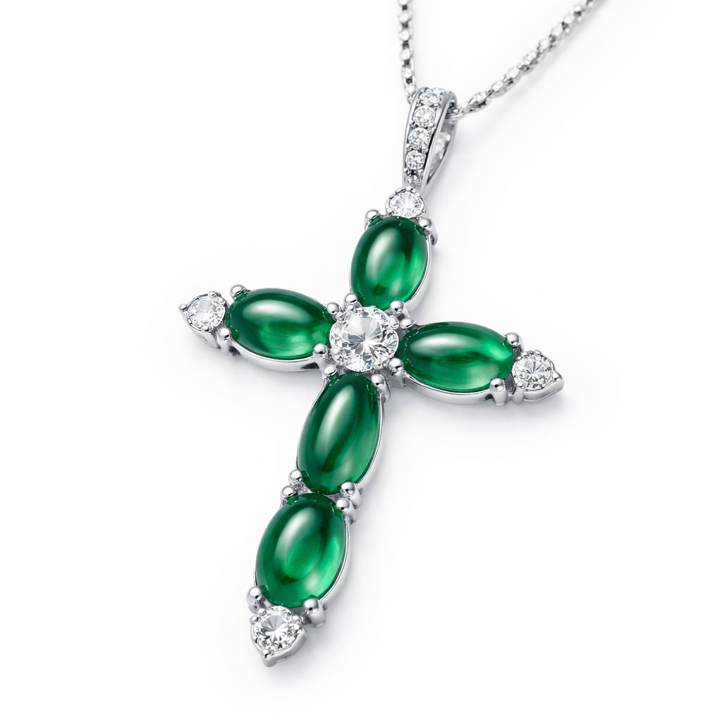 Cabochon Emerald cross, feminine and understated, with white diamond accents white gold