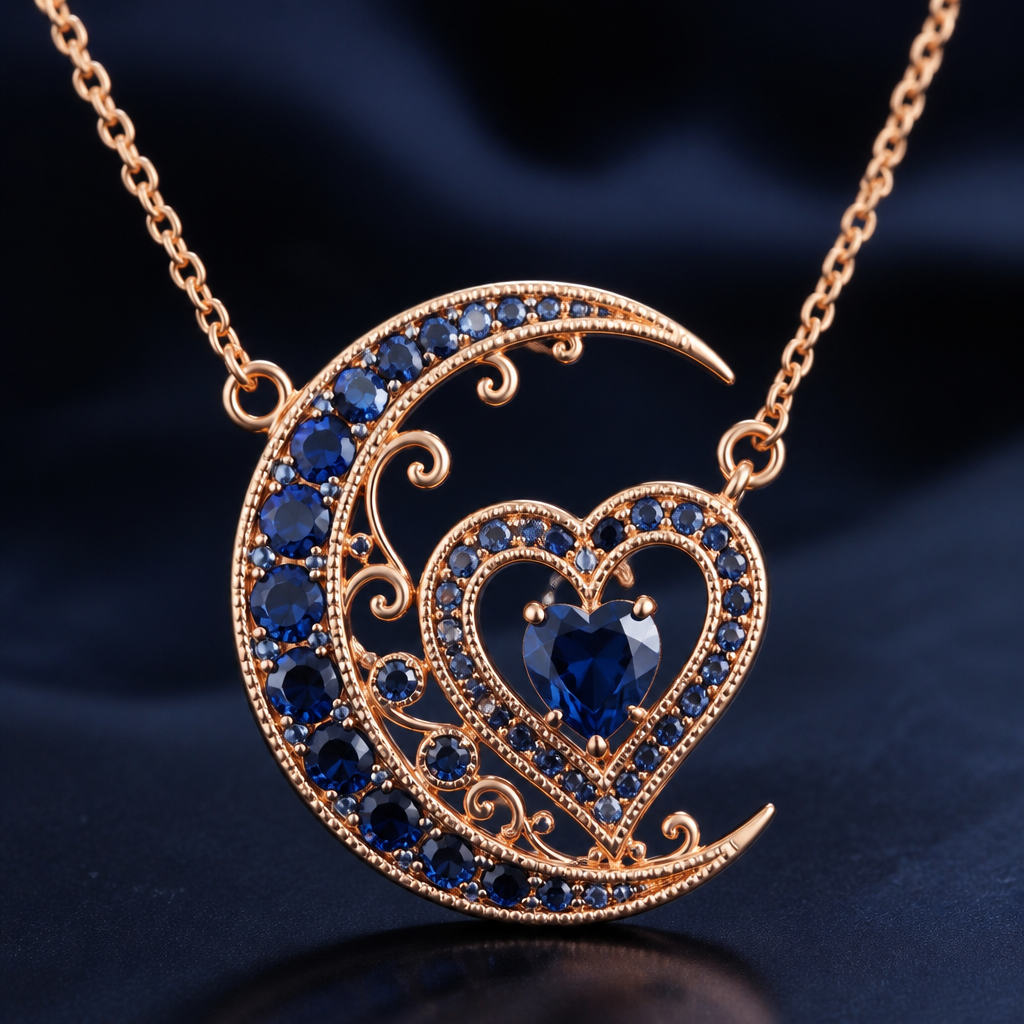 A romantic women's necklace made of rose gold with sapphire stones suitable for anniversary, detailed and decorative, moderately ornate. all Sapphire moon with a heart inside letters saying I love you to the moon and back with shiny gold chain
photorealistic jewelry design, A romantic women's necklace made of rose gold with sapphire stones suitable for anniversary, detailed and decorative, moderately ornate. all Sapphire moon with a heart inside letters saying I love you to the moon and back with shiny gold chain, romantic style, just the design no text