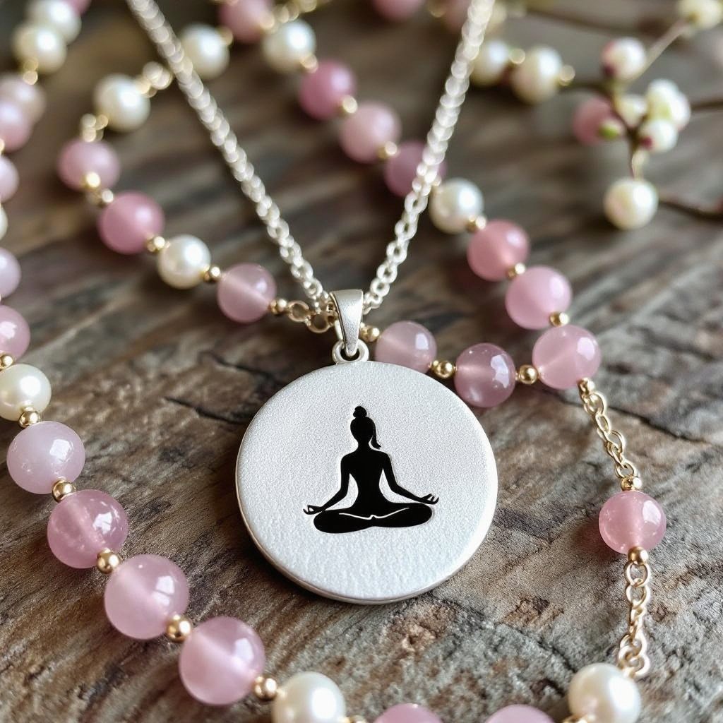 Кулон на длинной цепочке. Матовое светлое золото. В цепочке небольшие камушки розового необработанного кварца и жемчуга. Кулон в форме неровного мятого круга. На круге изображен силуэт девушки в позе лотоса нечетко