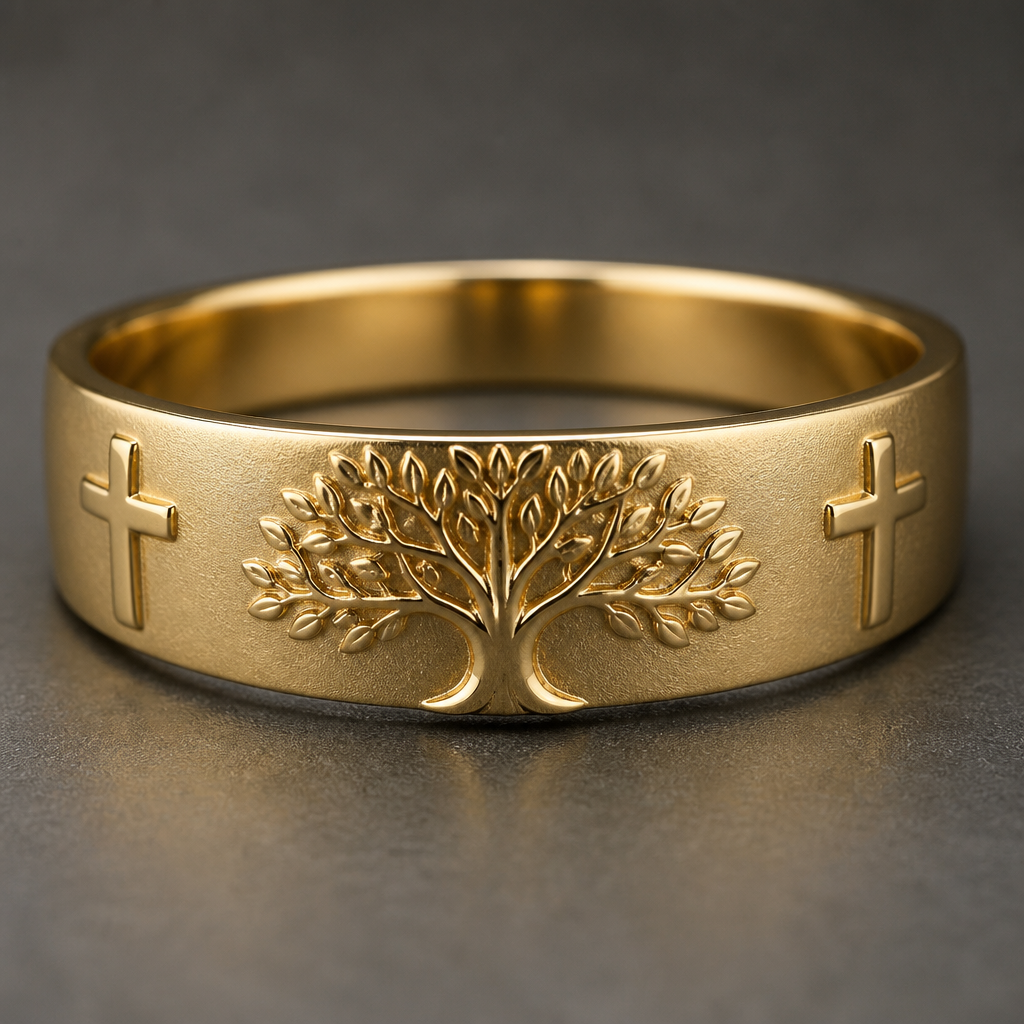 Picture a solid gold band, about 7 millimeters wide, in 18-karat yellow gold. On the top surface, there’s a Tree of Life design centered on the ring—a strong trunk rising upward, with symmetrical branches. One cross is engraved on the right side of the band, and one on the left side, both subtle but bold. The ring has a matte finish, except for the tree and crosses, which are polished to stand out. That way, it’s strong, minimal, and carries a lot of meaning.
photorealistic jewelry design, Picture a solid gold band, about 7 millimeters wide, in 18-karat yellow gold. On the top surface, there’s a Tree of Life design centered on the ring—a strong trunk rising upward, with symmetrical branches. One cross is engraved on the right side of the band, and one on the left side, both subtle but bold. The ring has a matte finish, except for the tree and crosses, which are polished to stand out. That way, it’s strong, minimal, and carries a lot of meaning., just the design no text