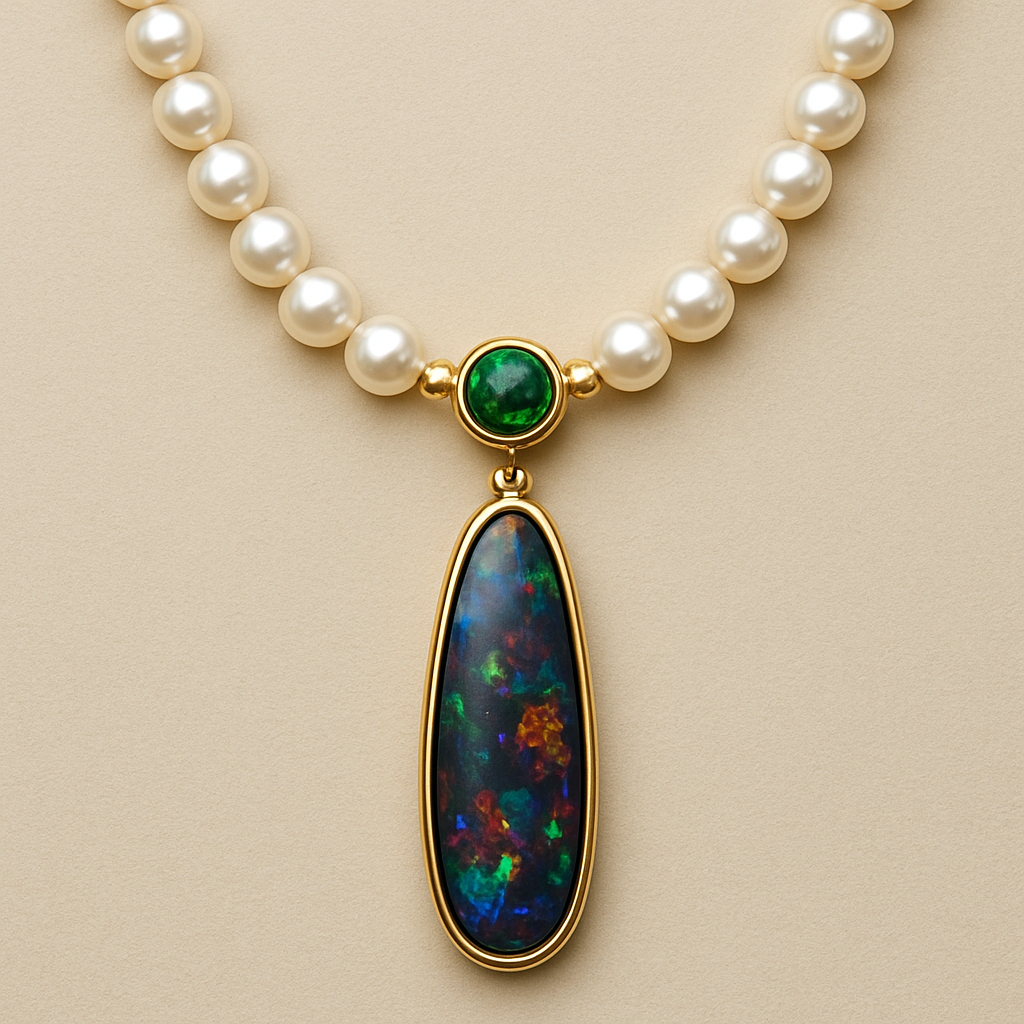 A 48-pearl necklace, with a 5mm green savorite gem with a round cut placed exactly between the two pearls in the middle of the chest, and under this green savorite gem, a black opal with an elongated shape and a size of 24mm x 16mm.2 gems with a yellow 18 carat color are worked.