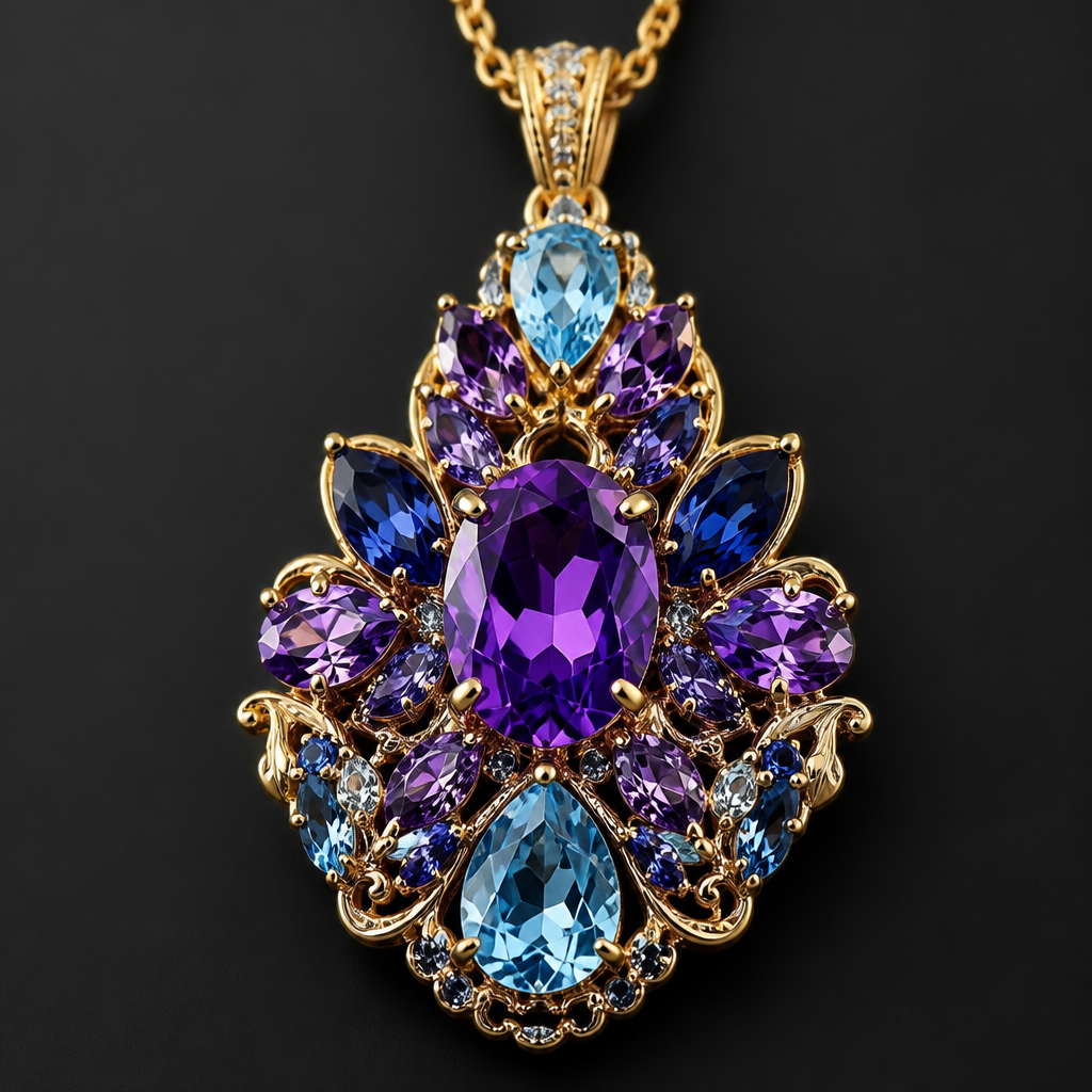A prong-set women's pendant made of gold with amethyst and sapphire and aquamarine stones, highly ornate, intricate and elaborate, richly detailed
photorealistic jewelry design, A prong-set women's pendant made of gold with amethyst and sapphire and aquamarine stones, highly ornate, intricate and elaborate, richly detailed, prong_set style, just the design no text