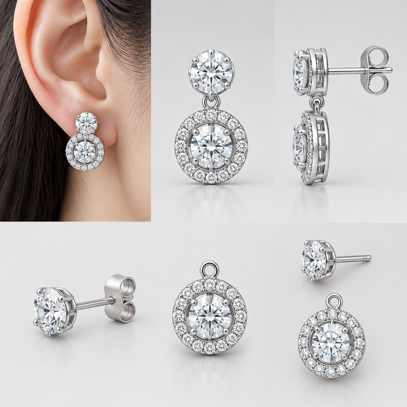 A women's earrings. สามารถถอดออกเป็นส่วนๆได้, แบบอ่อมให้หู,4 views
using the attached image as a visual reference, create A women's earrings. สามารถถอดออกเป็นส่วนๆได้, แบบอ่อมให้หู,4 views. photorealistic, just the design no text