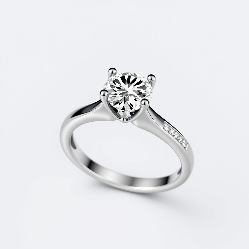 Solitary ring withdiamond andwhite gold and small diamonds on the band