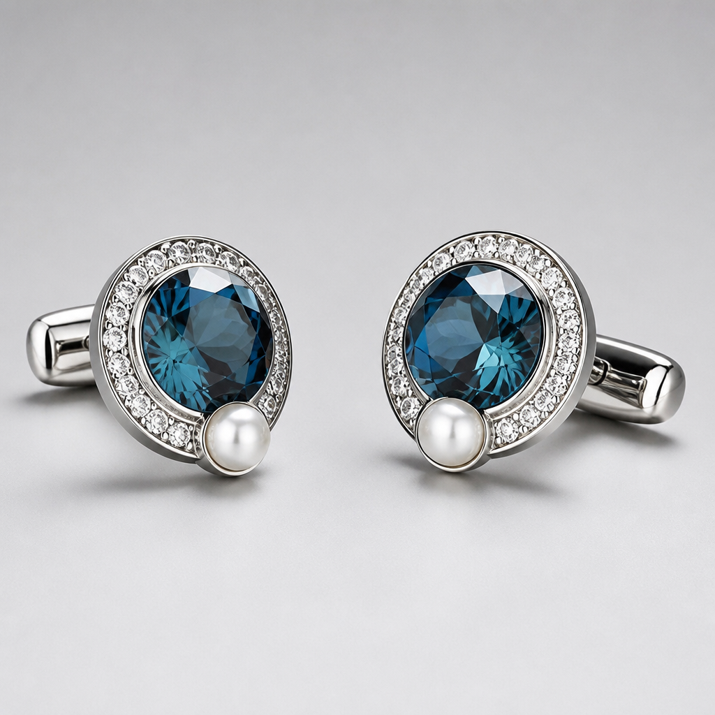 A women's cufflinks with diamond and pearl stones. Blue Diamond Cufflinks Large
photorealistic jewelry design, A women's cufflinks with diamond and pearl stones. Blue Diamond Cufflinks Large, modern style, just the design no text