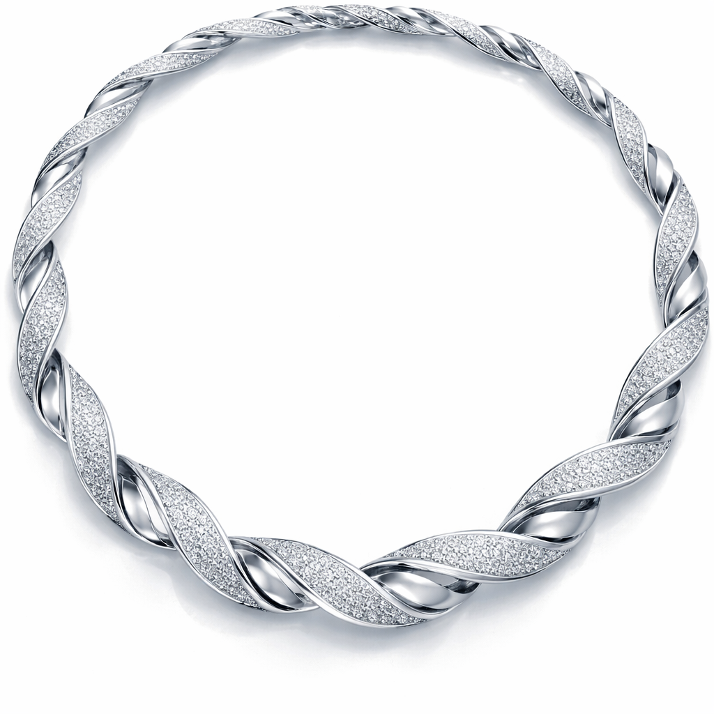 A necklace that is twisted and has diamonds and is made of separate pieces that links together