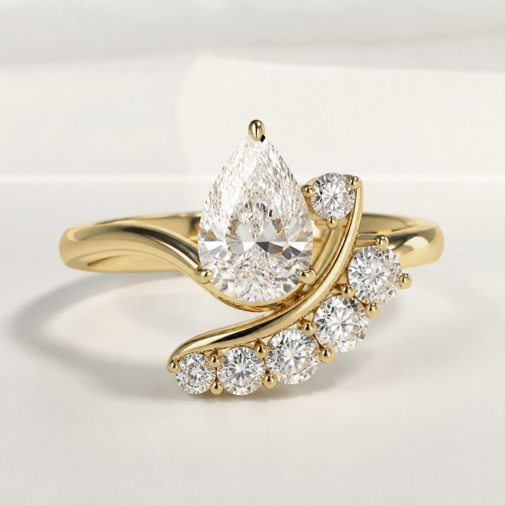 A modern women's ring made of gold with diamond stones suitable for engagement. diamente principal de 1 quítate en forma de pera con 6 diamantes de 0.6 quilates en oro amarillo
photorealistic jewelry design, A modern women's ring made of gold with diamond stones suitable for engagement. diamente principal de 1 quítate en forma de pera con 6 diamantes de 0.6 quilates en oro amarillo, modern style, just the design no text