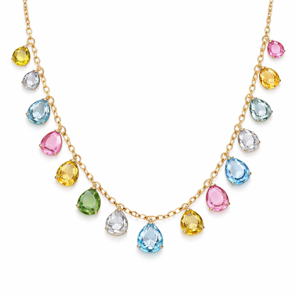 18 inch Gemstone necklace with gold chain that connects the stones. Colorful gemstones that are light blue, pink, yellow, clear, and green. May the gemstones be 6 mm and different shapes
18 inch Gemstone necklace with gold chain that connects the stones. Colorful gemstones that are light blue, pink, yellow, clear, and green. May the gemstones be 6 mm and different shapes , contemporary style
