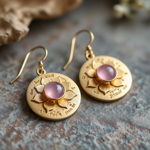 Gold-colored matte ring earrings. The diameter is 1 cm. Pendant in the form of a flat lotus with 6 petals. In the center of the lotus is a rose quartz stone. There are mantras in Sanskrit in small print on the petals.