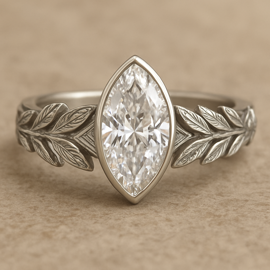 Bezel set 6 carat marquise diamond center stone with baguette diamonds in a herringbone pattern in the band