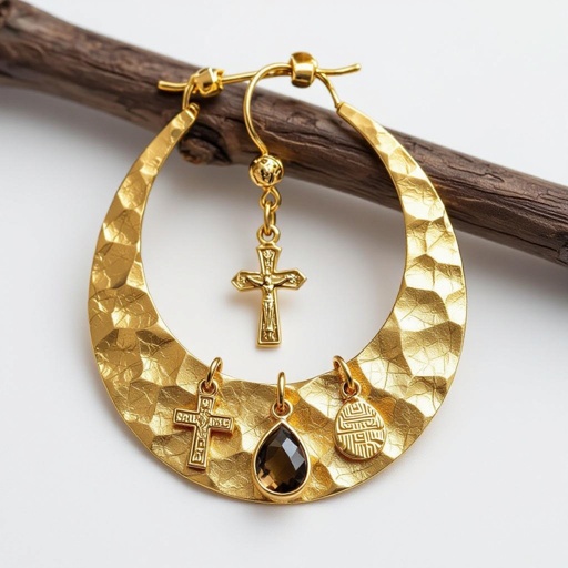 Золотые серьги словно мятое золото в форме узкого изящного полумесяца. Верхушка полумесяца крепится к застежке серьги. К нижней части полумесяца крепятся три подвески: миниатюрный золотой египетриский крест, очень маленький кристалл раухтопаза и маленький золотой кружочек с мятым эффектом плоский