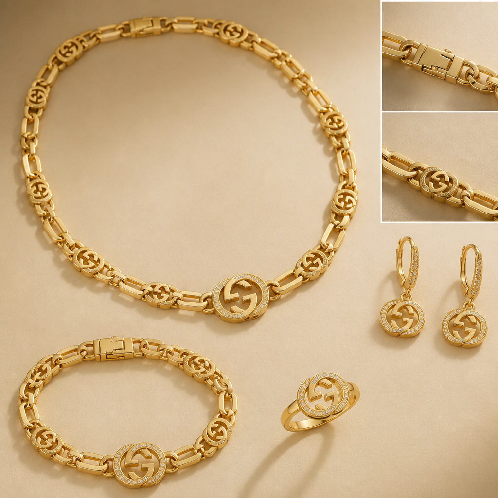 A modern women's necklace made of gold, detailed and decorative, moderately ornate. make ring and bracelet and earrings with it in the same design and make the necklace and bracelet with box clasp and do it inspired of Gucci brand
photorealistic jewelry design, A modern women's necklace made of gold, detailed and decorative, moderately ornate. make ring and bracelet and earrings with it in the same design and make the necklace and bracelet with box clasp and do it inspired of Gucci brand, modern style, just the design no text