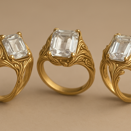 Design a gold ring for a woman inspired by the Elven style from The Lord of the Rings. 
The centerpiece is a rectangular clear crystal (16 x 13 mm) with an emerald cut. 
The ring should have flowing golden lines, delicate filigree details, and nature-inspired elements that feel magical and graceful, like something an elf queen would wear. 
The gemstone should be securely set and slightly raised above the band. 
Generate 3 elegant variations with realistic gold textures and soft jewelry lighting.

