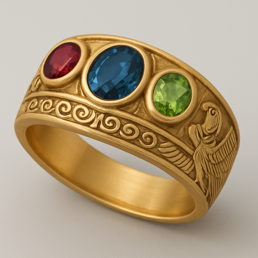Gold men’s ring with London blue sapphire, garnet, and peridot 