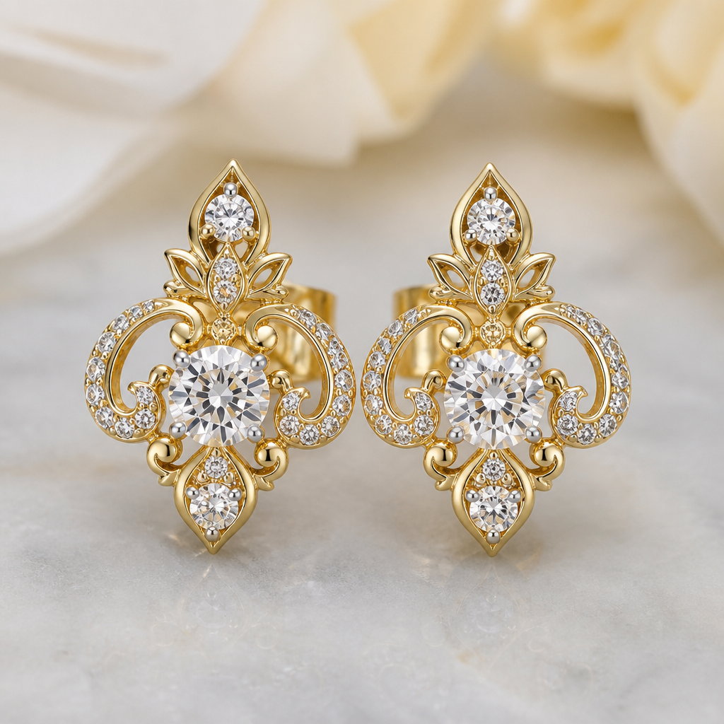 A luxury women's earrings made of gold with diamond stones suitable for formal, highly ornate, intricate and elaborate, richly detailed. delicado y sencillo, que los aretes sean cortos
photorealistic jewelry design, A luxury women's earrings made of gold with diamond stones suitable for formal, highly ornate, intricate and elaborate, richly detailed. delicado y sencillo, que los aretes sean cortos, luxury style, just the design no text