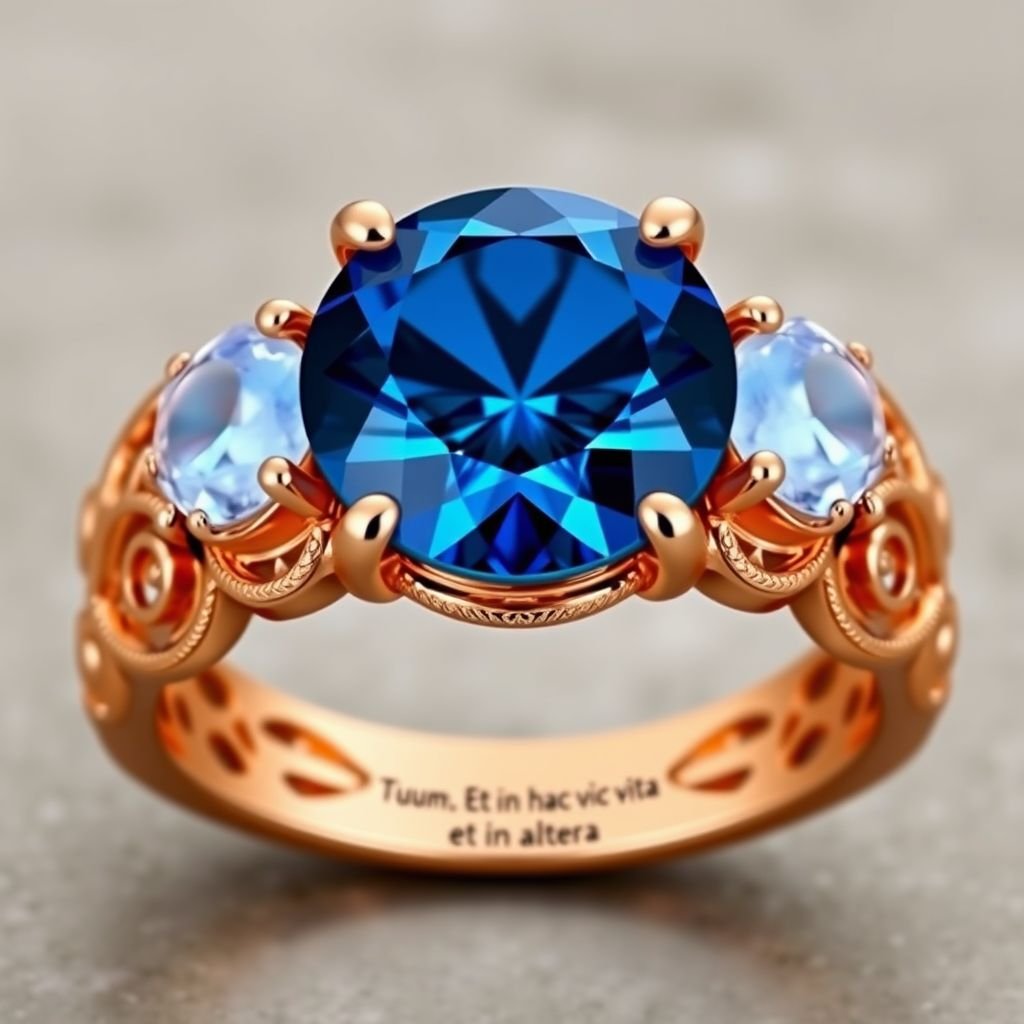 A simple, three stone 18 karat rose gold engagement ring set with a circular alexandrite. Also set with a small half moon blue chalcedony on one side right next to it, and a small half moon moonstone set on the other side right next to it. On the inside of the band, it has an inscription reading, “Tuum. Et in hac vita et in altera.”