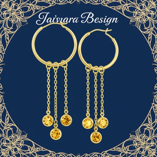 Золотые серьги полумесяц вертикальный 2 см, сверху крепится к швензе. От полумесяца идет три цепочки золотого цвета, у каждой на конце камушек цитрит