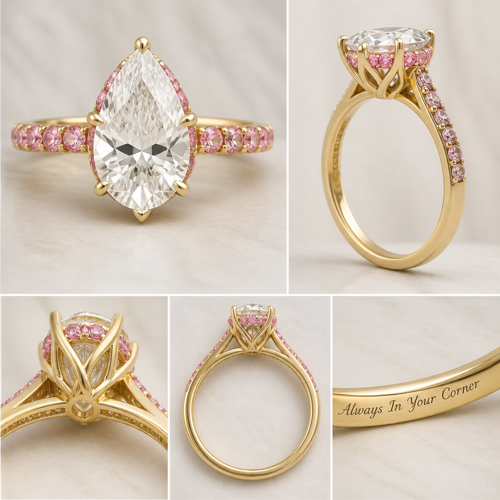 So about engagement rings give me a quote based on these specifications
So the certain specifications I was looking for are;
-Metal to be 14-18ct yellow gold
-Main stone - lab grown diamond, pear shape cut
-Hidden halo - lab grown pink sapphires
And pink sapphires on the band as well
-Ct weight of stones all together to be 4-5ct
-Engraving on the main band in the inside to be
“Always In Your Corner”
-Tulip basket holding the main stone