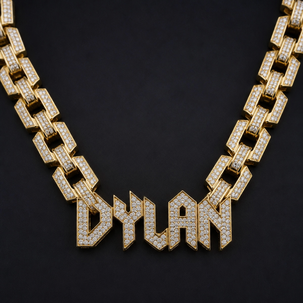 A geometric women's necklace made of gold with diamond stones suitable for party. Una cadena con eslabones gruesos cubiertas de diamantes, con un dije lleno de diamantes que diga Dylan, la cadena de oro
photorealistic jewelry design, A geometric women's necklace made of gold with diamond stones suitable for party. Una cadena con eslabones gruesos cubiertas de diamantes, con un dije lleno de diamantes que diga Dylan, la cadena de oro, geometric style, just the design no text