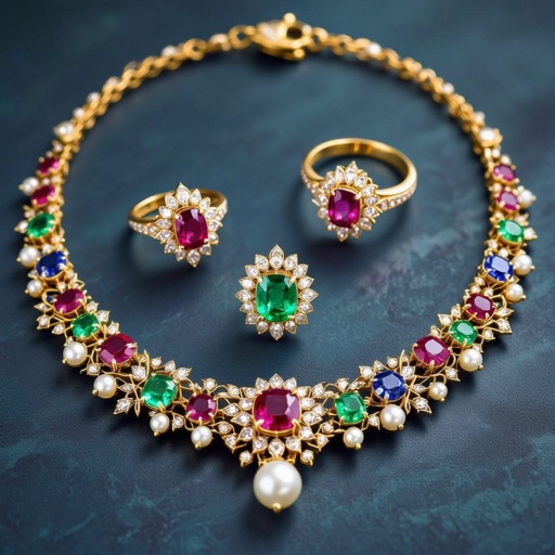 Necklace and ring and earring with luxury colorful jewel with gold