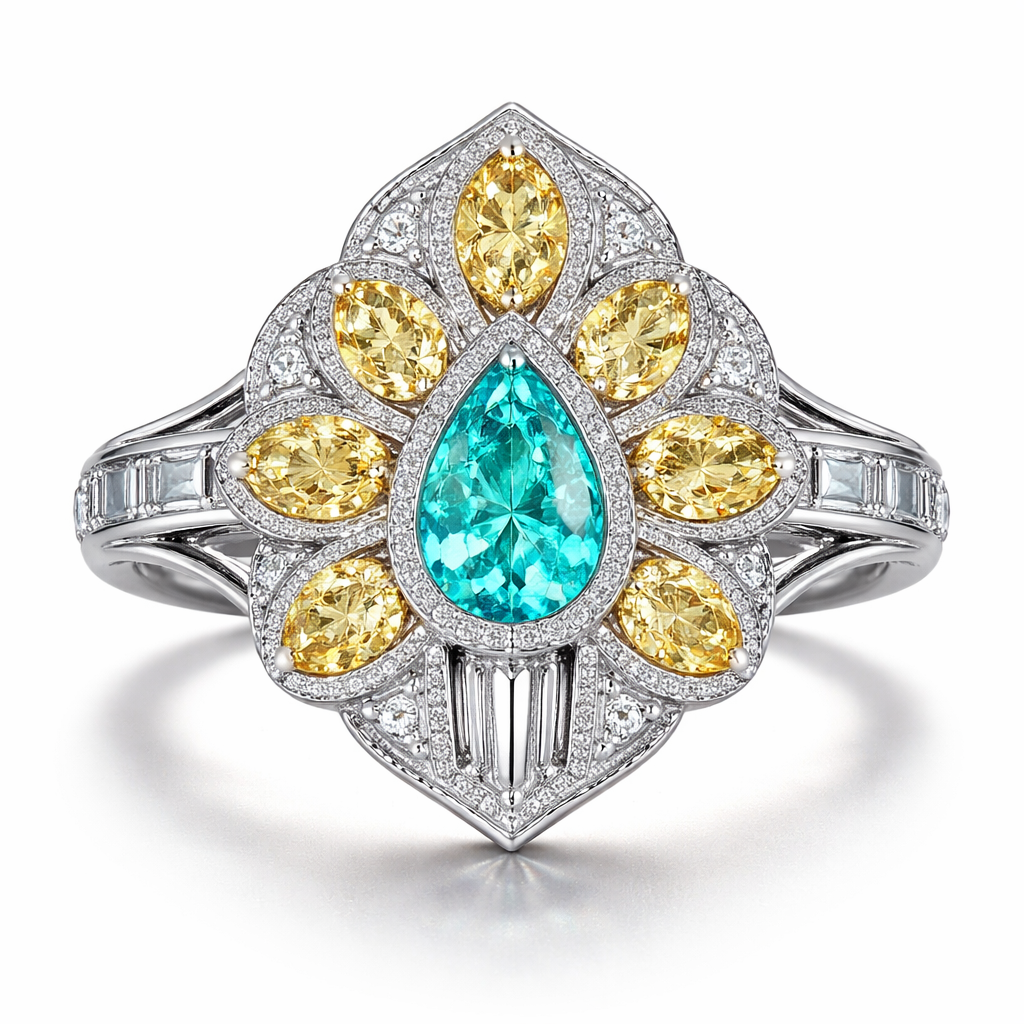 A art deco women's ring. 7粒水滴黃鑽共1卡,帕拉伊巴40分,要做線介