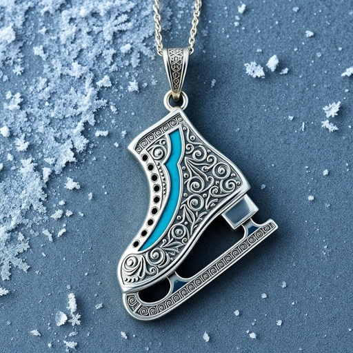 Silver Pendant shape one ice skate with turquoise stripe inside the low thin part blade