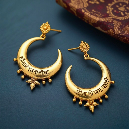 Серьги золотые в форме тонкого изящного полумесяца, полукруг как продолжение застежки, на полукруге надписи мантрами на санскрите