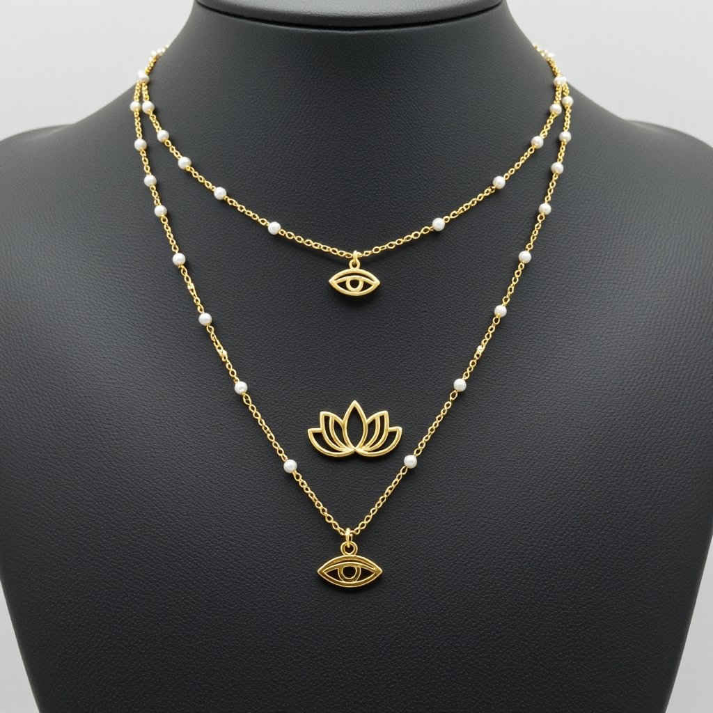 Кулон на длинной цепочке. Матовое светлое золото. В цепочке небольшие золотые шарики и жемчуг. Кулон в виде двух глаз над ними лотос узоры завитушки 