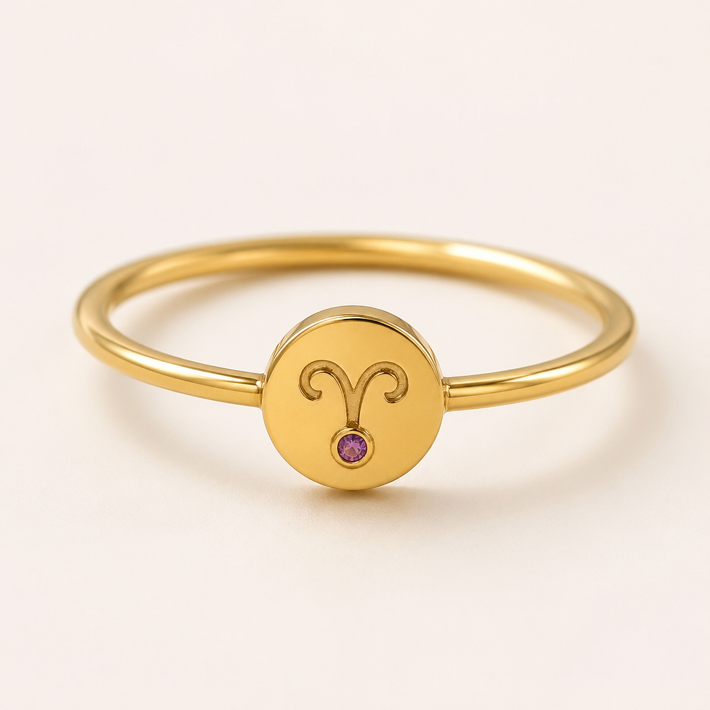 A minimalist women's ring made of gold with amethyst stones suitable for daily wear. um anel com fio dourado, ouro, a joia em um circulo pequeno cheio , cravado em si o signo de carneiro contendo no seu centro um estilhaço pequeno de amethyst. um fio elegante, discreto, com um toque de charme e delicado
photorealistic jewelry design, A minimalist women's ring made of gold with amethyst stones suitable for daily wear. um anel com fio dourado, ouro, a joia em um circulo pequeno cheio , cravado em si o signo de carneiro contendo no seu centro um estilhaço pequeno de amethyst. um fio elegante, discreto, com um toque de charme e delicado, minimalist style, just the design no text