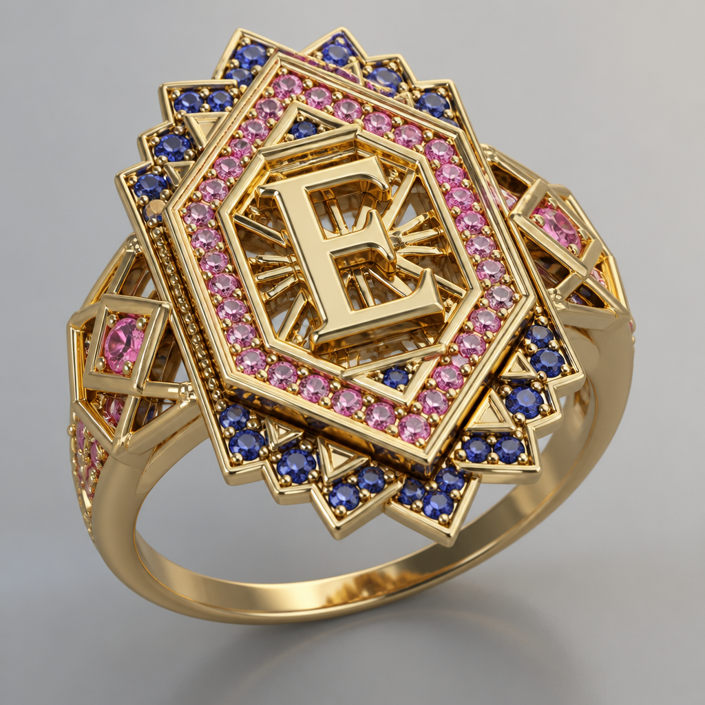 A geometric women's ring made of gold, highly ornate, intricate and elaborate, richly detailed. um anel de 15 anos com inicial E com pedrinhas azul e pedrinhas rosa em volta
photorealistic jewelry design, A geometric women's ring made of gold, highly ornate, intricate and elaborate, richly detailed. um anel de 15 anos com inicial E com pedrinhas azul e pedrinhas rosa em volta, geometric style, just the design no text